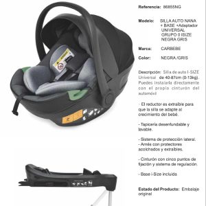 SILLA AUTO NANA + BASE + Adaptador UNIVERSAL GRUPO 0 ISIZE NEGRA GRIS